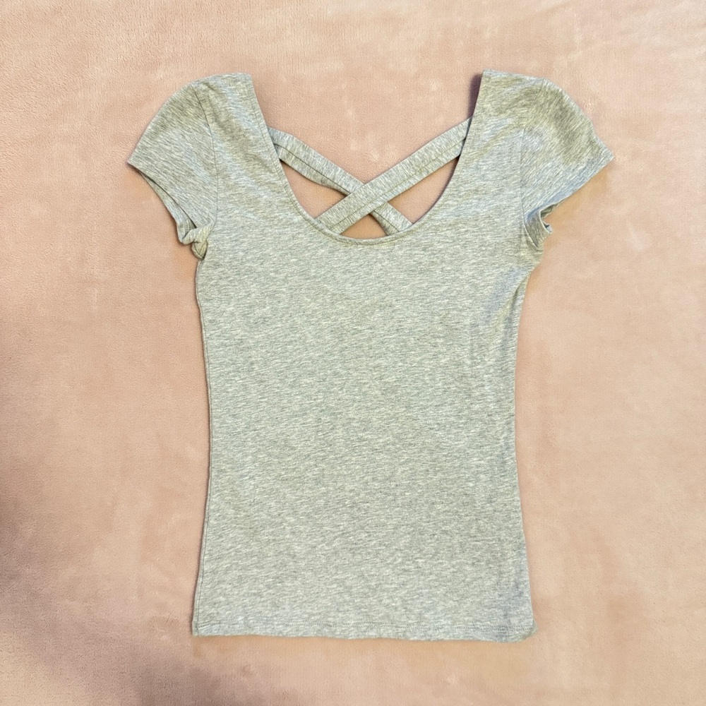 Garage Heather Grey Round Neck Basic Short Sleeve Top Shirt w/ Criss Cross Back